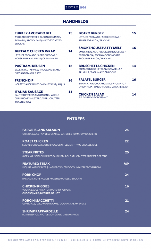 Menu - Drumlins – Syracuse University