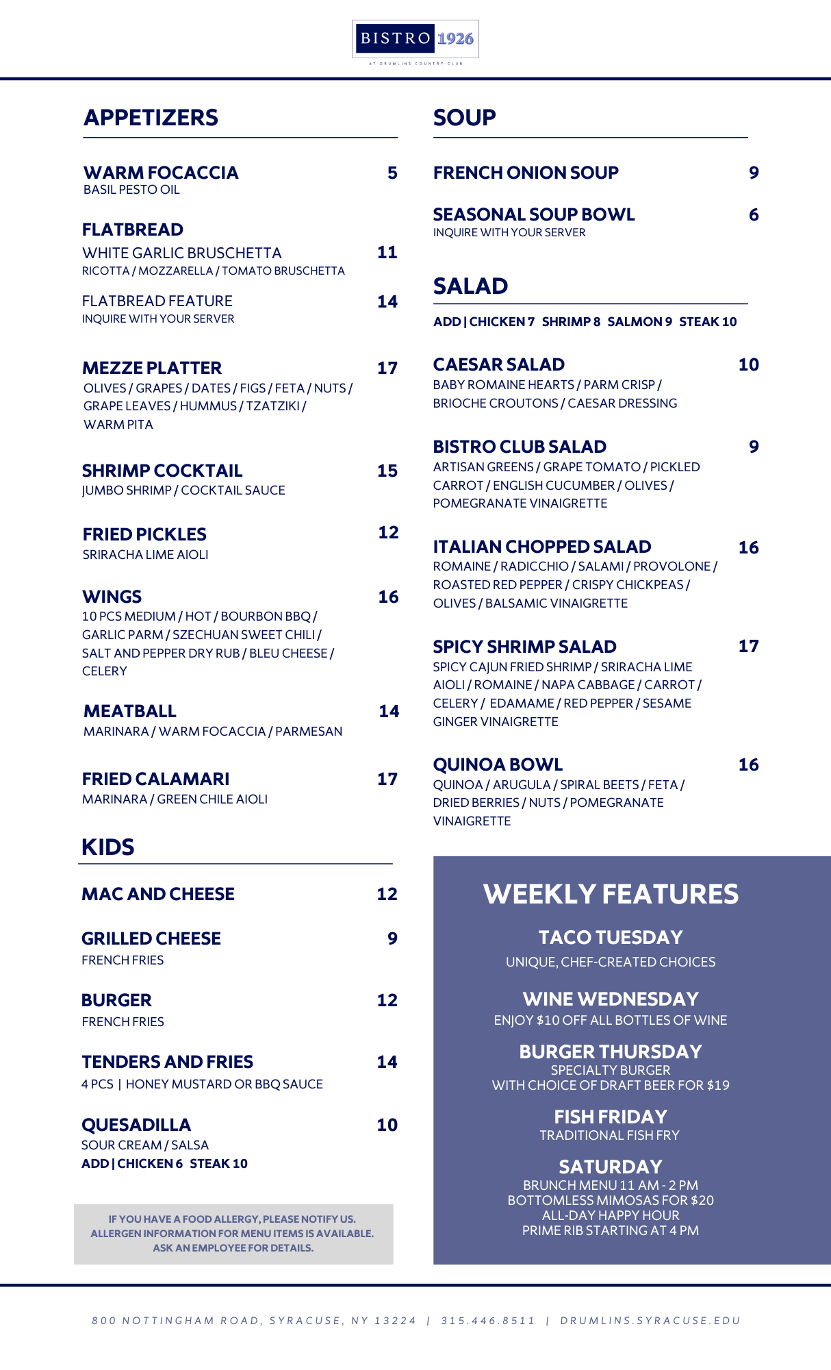 Menu - Drumlins – Syracuse University