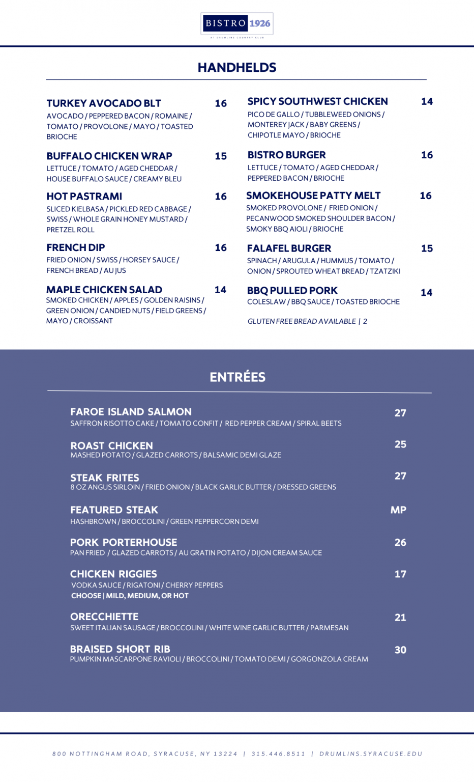 Menu Drumlins Syracuse University