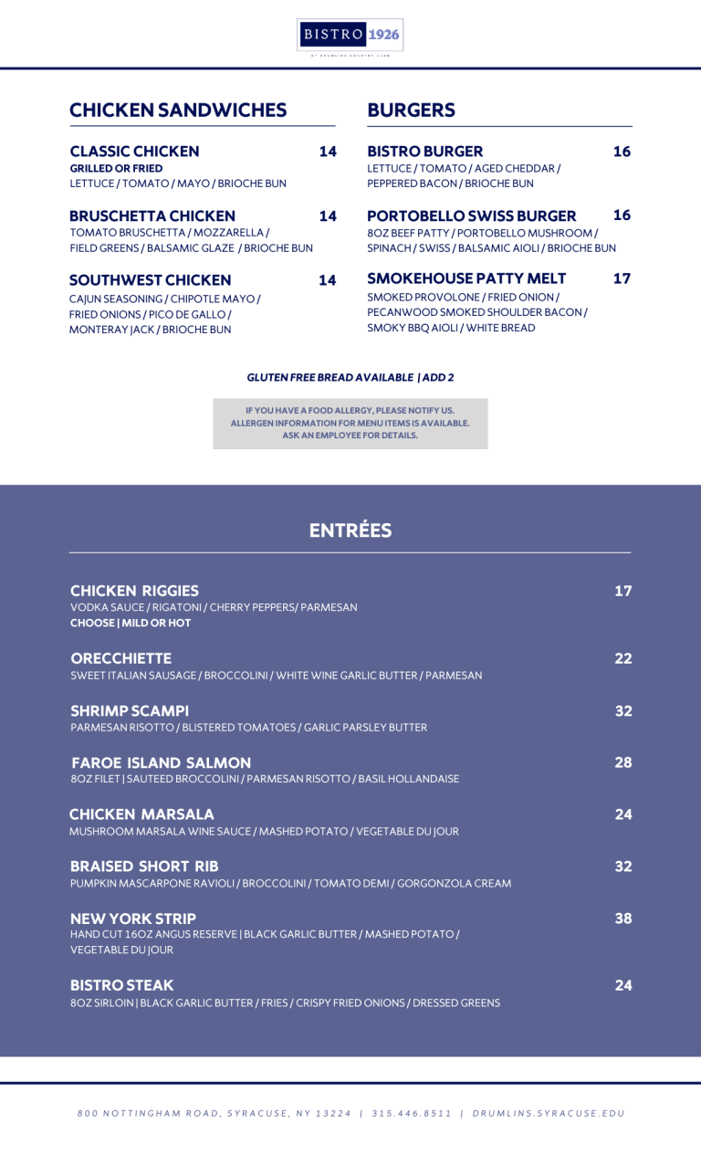 Menu Drumlins Syracuse University